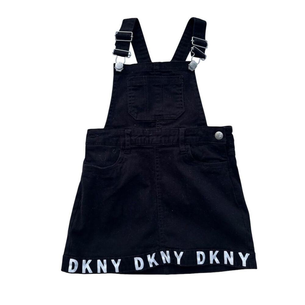 DKNY Girls Black Denim Overall Dress 6 Years with Logo Trim Casual Trendy